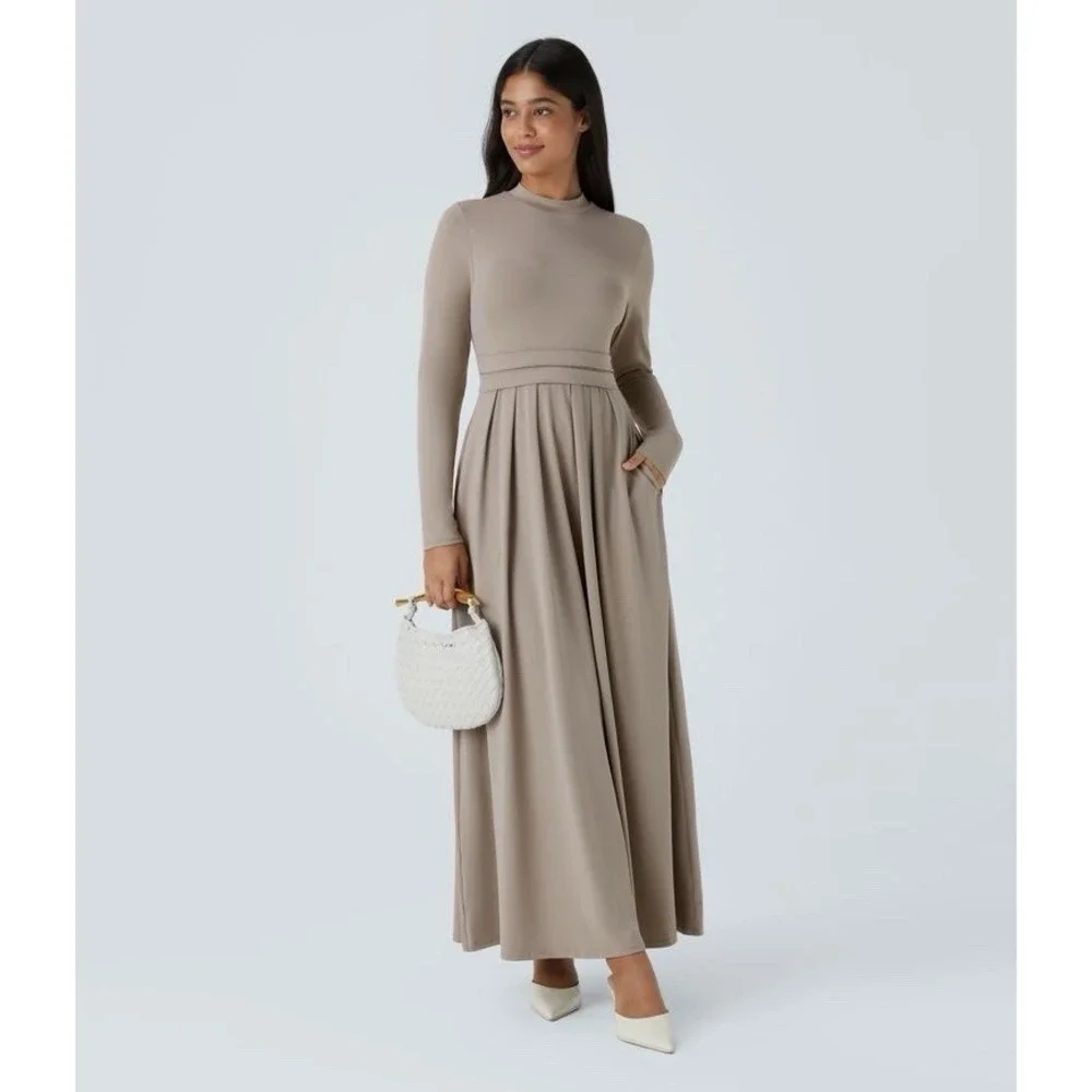 NWT Halara Mock-neck Long Sleeve Pocket‎ Flare Maxi Casual Dress Taupe Sz Small